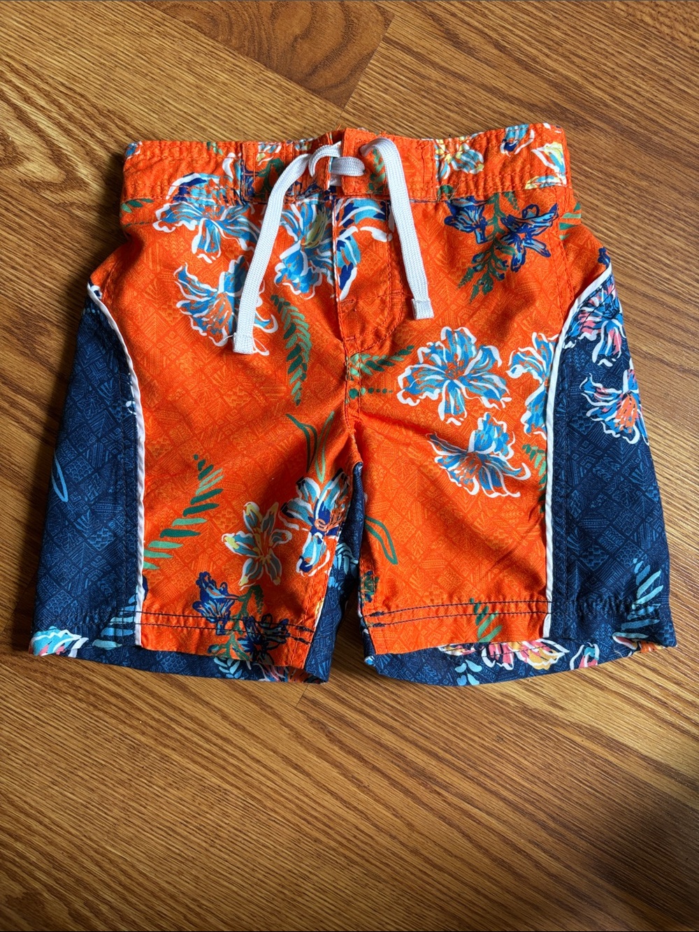 Tommy Bahama Orange Floral Swim Trunks with Navy Panels